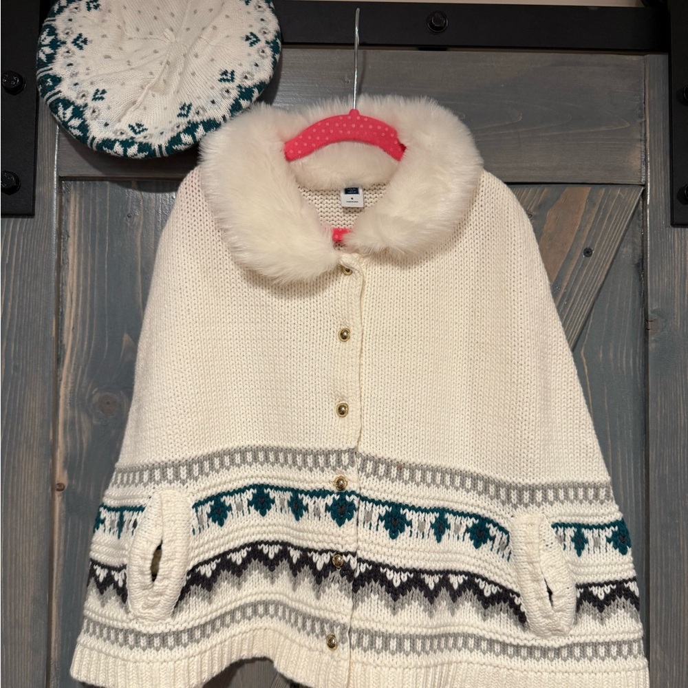 Janie and Jack Cream Knit Cape with Faux Fur Collar and Matching Beret